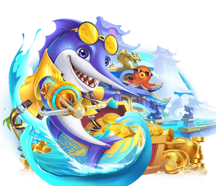 Cảnh game bắn cá với nhiều loài cá và kho báu